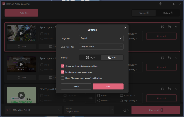 వీడియో కన్వర్టర్లో డార్క్ మోడ్